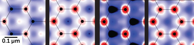 A series of four images showing how electrons move through graphene under laser illumination. Their density is represented in red, for high, and blue and white for low. Each shows six carbon atoms over a shifted background of those colors.